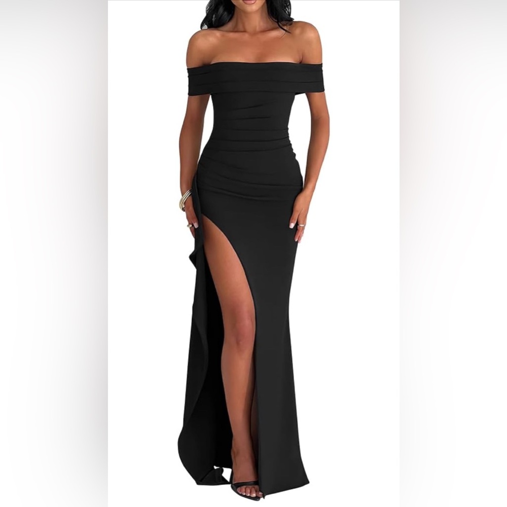 Women's Off Shoulder Sleeveless High Split Ruched Long Formal Evening Dress